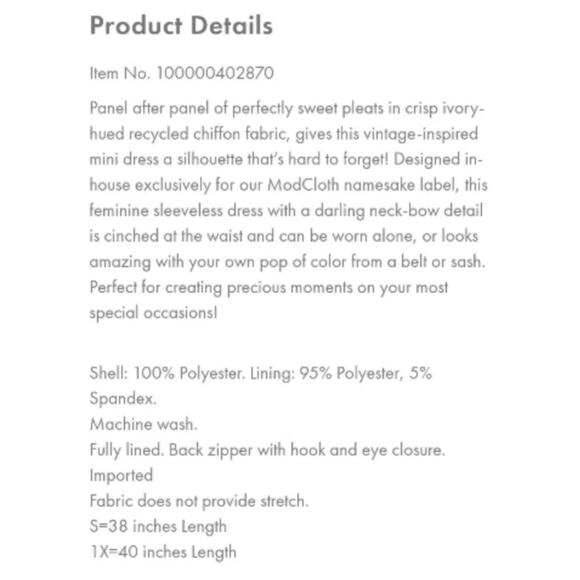 ModCloth “The Pleat-est Things” Mini Dress – Ivory, Size Medium, NEW - Picture 13 of 13